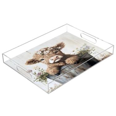 Imagem de STAYTOP Linda bandeja de servir de acrílico Highland Cow 15,7 × 11,20 cm, bandejas decorativas à prova de derramamento, organizador de bancada para café da manhã, chá, comida, maquiagem