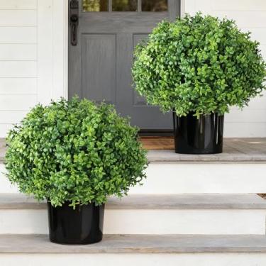 Imagem de YXZZWL Conjunto de 2 árvores artificiais de buxo topiária – vasos de buxo sintético resistente a UV, arbustos falsos para decoração externa de casa de fazenda, jardim, varanda
