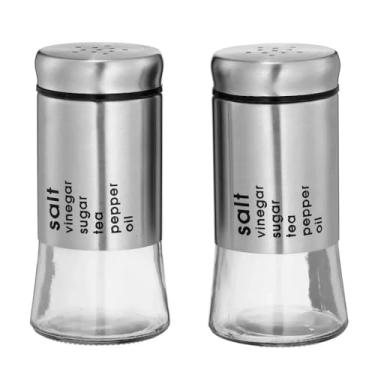 Imagem de Conjunto de Saleiro e Pimenteiro em Vidro e Aço Inox, 100ml, Tampa Metálica com Furos, Design Moderno, 2 Peças
