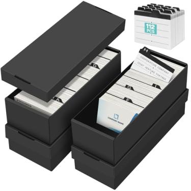 Imagem de QLOUNI Pacote com 4 porta-cartões de visita, caixas de armazenamento pretas com tampas e 112 divisórias de índice, comporta até 3200 cartões, organizador de cartões de visita para mesa, índice e