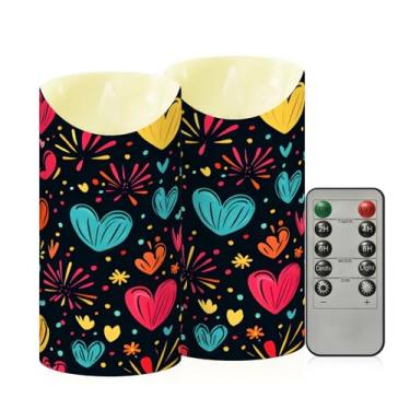 Imagem de Wassud Pacote com 2 velas coloridas de corações e fogos de artifício sem chama com controle remoto, velas realistas cintilantes com temporizador, velas decorativas para Natal, casamento, festa