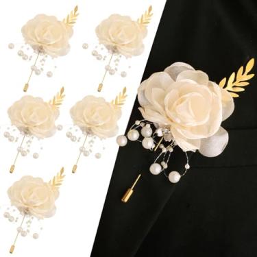 Imagem de Ljxoaieu 6 peças de flor artificial masculina com detalhes de pérola e flores artificiais com detalhes de folha dourada, broche de lapela bege champanhe para ternos, decoração para formaturas/bailes