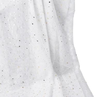 Imagem de MAYJOYDIY Rolo de tecido de tule com lantejoulas brancas de 1,5 m, 138 cm, estrela dourada, lua, lantejoulas, tule, malha, tecido para tutu skrits de casamento, decoração de festa de Natal, embrulho