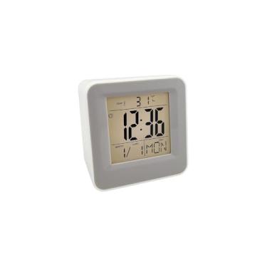 Imagem de Mini Relógio Despertador Digital LED, Branco, 8x8x8cm, com Display Colorido, Função Soneca, Indicador de Temperatura e Data, Alimentado por Pilhas