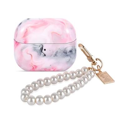 Imagem de CameCosy Capa protetora compatível com Samsung Galaxy Buds 3/3 Pro/3 FE com chaveiro de pulseira de pérola, capa de TPU com padrão de mármore rosa para mulheres e meninas, capa à prova de choque