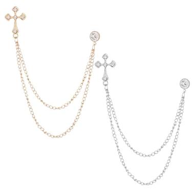 Imagem de NIIIYTYB 2 peças broche de corrente com cruz para homens e mulheres broche de lapela dourado e prata para ternos vintage broche de diamante acessórios de joias, alfinetes para roupas masculinas e