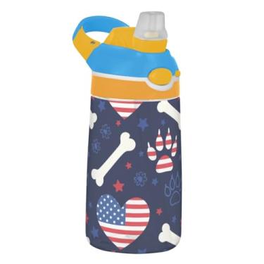 Imagem de Garrafa de água infantil Cool Flag Dog Paw Bones Garrafa de água de plástico portátil de 473 ml com tampa de canudo Tritan copo de viagem infantil à prova de vazamento reutilizável, alça de transporte