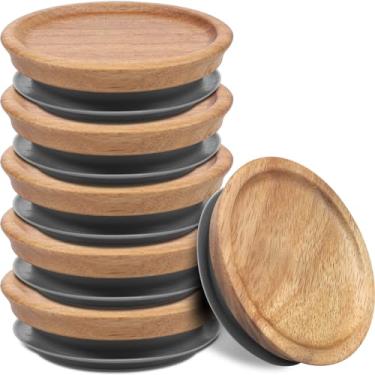 Imagem de Conjunto de 6 peças de tampas de armazenamento de madeira herméticas de acácia para conservas com anéis de vedação de silicone, tampas de conserva reutilizáveis, tampas de madeira marrom, lavável na