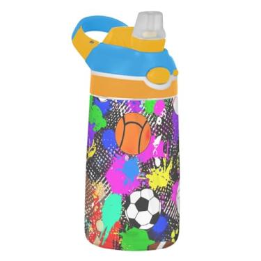 Imagem de Bolas esportivas coloridas de basquete garrafa de água infantil com canudo 473 ml 473 ml Garrafa de água esportiva Tritan reutilizável à prova de vazamento, copo infantil, portátil, alça de transporte