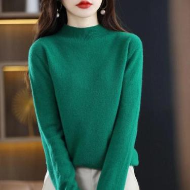 Imagem de Suéter Feminino De Lã 100% Pura Com Gola Alta, Pulôver De Cashmere Cas