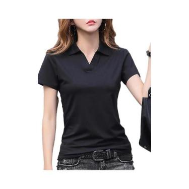 Imagem de Camisas Polo Femininas Básicas De Cor Sólida Com Manga Curta, Tops Cas