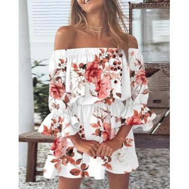 Imagem de Blusa Floral De Verão Feminina Com Ombros Descidos, Top Casual Boho Se