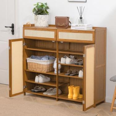 Imagem de LOERSS Armário de sapatos de bambu, prateleira de armário de armazenamento de sapatos, organizador de sapatos de 6 níveis, com compartimento dobrável para porta dobrável, botas de salto para entrada