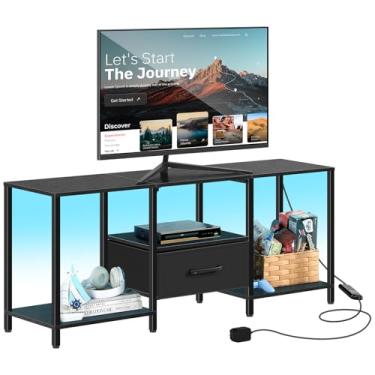 Imagem de LIANTRAL Suporte de TV preto para quarto com armário de armazenamento de TV de até 127 cm, mesa de console de TV pequena com tomadas elétricas, centro de entretenimento de mídia de 114 cm para sala de