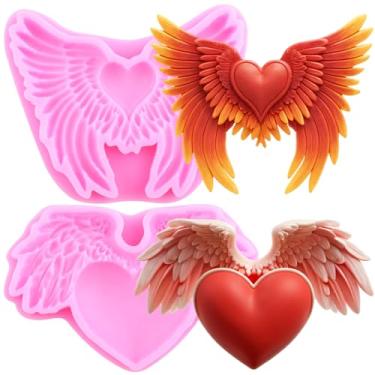 Imagem de Mujiang Moldes de silicone para fondant de asas de anjo com coração moldes de chocolate para decoração de bolos, topo de cupcake, pasta de goma de argila de polímero, conjunto de 2