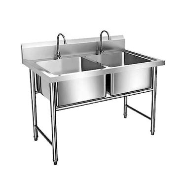 Imagem de Pia de aço inoxidável comercial, pia de preparação de cozinha, pia de 2 compartimentos para garagem, restaurante, cozinha, lavanderia, ao ar livre, 100 cm L x 49,8 cm P x 80 cm A