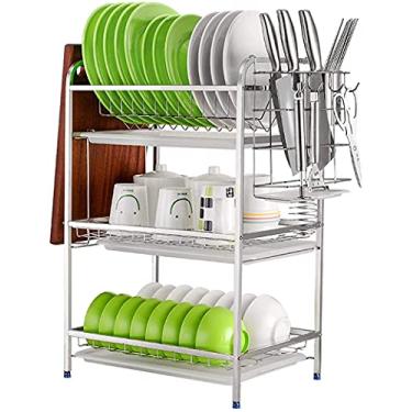 Imagem de Escorredor de pratos de cozinha, 3 camadas, fácil de montar, escorredor de louça, organizador de pratos de aço inoxidável com organizador de bandeja