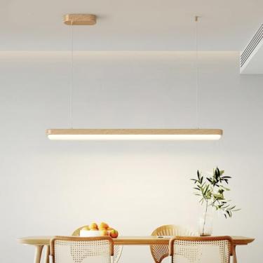 Imagem de Lustre LED para restaurante, luminária pendente dimerizável de espectro total, luminária de teto original em madeira com design de vento, luminária suspensa para mesa de jantar, altura ajust
