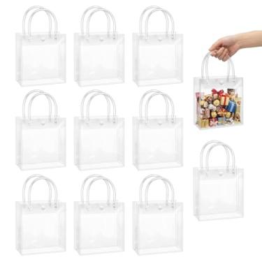 Imagem de 10 peças de sacolas de presente de plástico transparente com alças, sacolas reutilizáveis para lembrancinhas, sacolas de PVC transparente para presente para casamento, aniversário (15 x 13 x 7 cm)