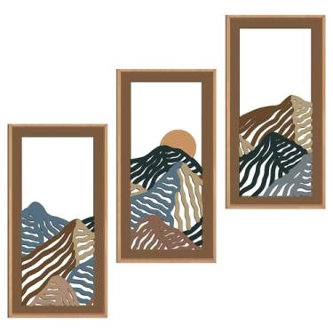 Imagem de IARTTOP Arte de parede emoldurada de madeira de montanha abstrata 20 x 40 cm, conjunto de 3 texturas minimalistas, decoração de parede de madeira, arte moderna e colorida para sala de estar, quarto