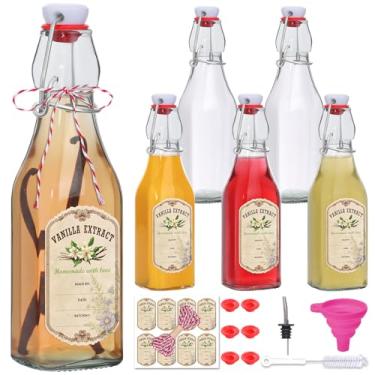 Imagem de Pacote com 6 garrafas de vidro de 236 ml, garrafas de vidro com tampa hermética para extrato de baunilha, preparo caseiro, kombucha, vinagre, cerveja, refrigerante, bebidas - kit completo de