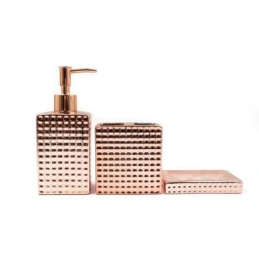 Imagem de Kit de Banheiro Cerâmica 3 Peças Porta Sabonete Líquido/Saboneteira/Porta Escova, Ideal for Home & Small Living Spaces(395C-ROSÊ GOLD)