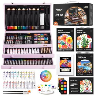 Imagem de Shuttle Art Kit de arte de presente de luxo, conjunto de 202 peças de materiais de arte de madeira com 4 blocos de desenho, telas, folhas de colorir, tinta acrílica, giz de cera, pastéis a óleo, lápis