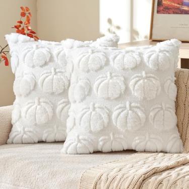 Imagem de MIULEE Conjunto de 2 capas de almofada de outono, 40,6 x 40,6 cm, decorações de outono, com detalhes de abóbora, branco, puro, para varanda ao ar livre, sofá, cama, sala de estar, pelúcia, pele