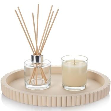 Imagem de Yalikop Bandeja decorativa oval de concreto para decoração de mesa de centro de mesa de centro de mesa cinza creme moderna de 38 cm para servir decoração de casa, bandejas decorativas, presente