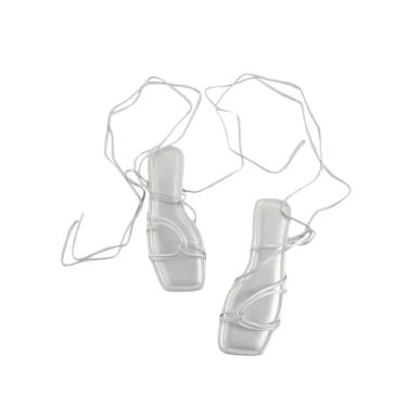 Imagem de GORGLITTER Sandálias rasteiras femininas com cadarço, cruzadas, amarradas, bico quadrado, tiras prateadas, 8,5