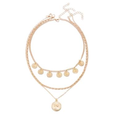 Imagem de NewZenro Colar feminino com pingente banhado a ouro em camadas com pingente de disco vintage delicado empilhável, ajustável, moderno, joia boho para sua melhor amiga