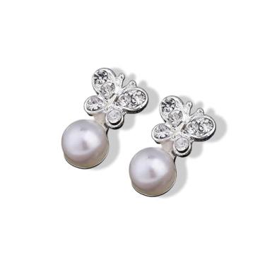 Imagem de Brincos femininos em forma de borboleta com design brilhante de diamante falso e pérola, bonitos e exclusivos, adequados para o dia a dia e qualquer ocasião.
