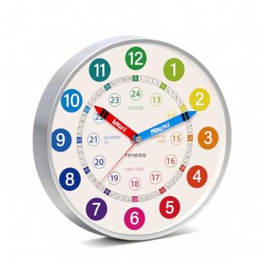 Imagem de TIMESS Relógio de parede de 25 cm, analógico de quartzo silencioso sem tique-taque, relógio de ponto para aprender a contar, ideal para casa, quarto, cozinha, decoração de escritório (prata)