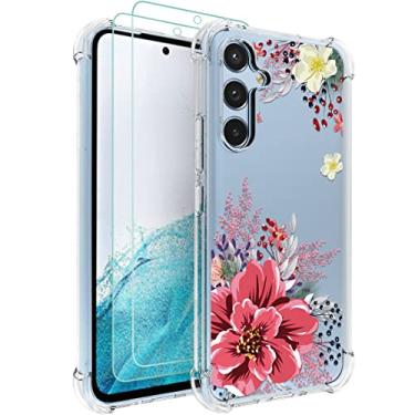 Imagem de Osophter Capa para Samsung Galaxy A54 5G para meninas mulheres flor floral com 2 peças protetor de tela flexível TPU borracha TPU capa de telefone para Samsung A54 5G (flor vermelha)