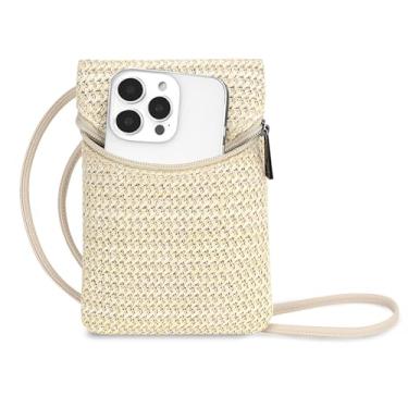 Imagem de BBORGDC Bolsa transversal de palha para celular feminina, pequena bolsa de celular de tecido com zíper, Bege