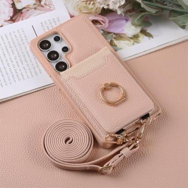Imagem de Capa carteira com alça transversal, compartimentos para cartões, suporte integrado e design de anel para Samsung Galaxy S25 Edge, S24 FE, S23 Ultra e S22 Plus, rosa.