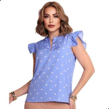 Imagem de Blusa Feminina Crepinho Estampa Coração Babado Manga Gola V - LOOK MOD
