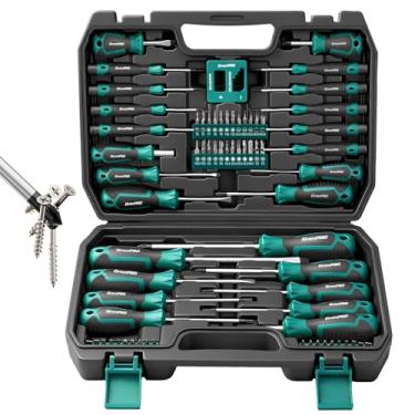Imagem de Conjunto de chaves de fenda magnéticas de liga de aço S2 GRENPRO de 90 peças, com fenda/Phillips/Torx/pontas hexagonais, 2 barras de extensão (10 cm e 17,8 cm), desmagnetizador e estojo de molde de
