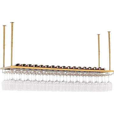 Imagem de Rack de vinho para casa/bar retrô pendurado com suporte de vidro, barra de teto de metal ajustável, rack de vinho e vidro montado na parede industrial, suporte de garrafa organizador de prateleira de