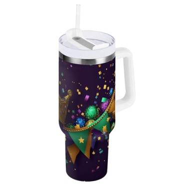 Imagem de Blueangle Copo isolado de coroa de carnaval de 850 g com alça e tampa de palha, caneca de viagem reutilizável de aço inoxidável (228)