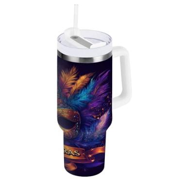 Imagem de Blueangle Copo isolado de máscara colorida de carnaval de 850 g com alça e tampa de palha, caneca de viagem reutilizável de aço inoxidável (213)