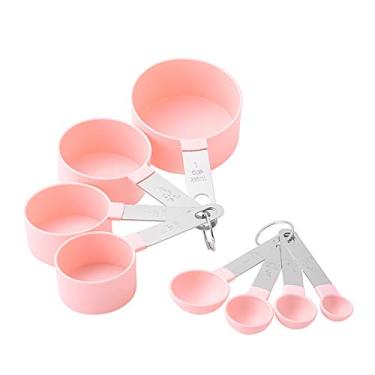 Imagem de Conjunto de 8 colheres medida e xícaras para ingredientes secos líquidos utensílios confeitaria aço inoxidável resistente ao calor - cozinha com cabo cozinhar
