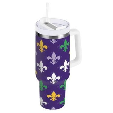 Imagem de Blueangle Copo isolado padrão Mardi Gras de 850 g com alça e tampa de palha, caneca de viagem reutilizável de aço inoxidável (777)