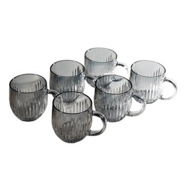 Imagem de x3anggyt5 Canecas de vidro colorido, pacote com 6, conjunto clássico de copos de vidro com listras verticais de 255 g com alça para água leite e bebidas de suco de café (gris)