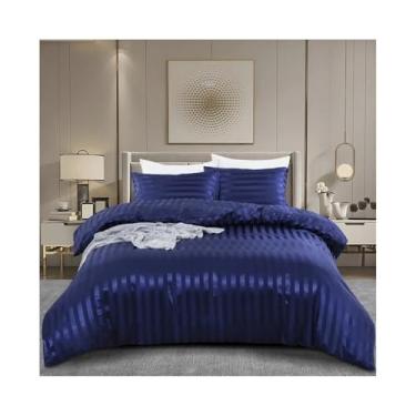 Imagem de x3anggyt5 Conjunto de capa de edredom de 3 peças, reversível, sedosa, macia, luxuosa, listrada, com 2 fronhas de cetim, azul marinho (solteiro - 173 x 229)