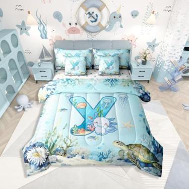 Imagem de Erosebridal Jogo de cama solteiro com letra Y azul com estampa de axolote fofo, 7 peças, para crianças, meninos e meninas, conjunto de cama de salamandra com monograma personalizado