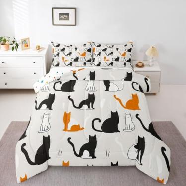 Imagem de jejeloiu Jogo de cama fofo de gato, macio, para meninos e meninas, com estampa de gatos, edredom de microfibra, 2 peças com 1 fronha