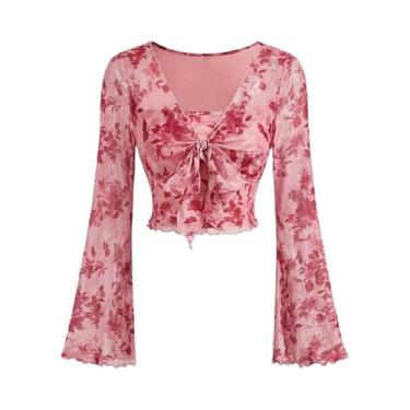 Imagem de Camiseta Feminina Y2K Floral Com Decote Em V, Manga Flare Com Renda E 