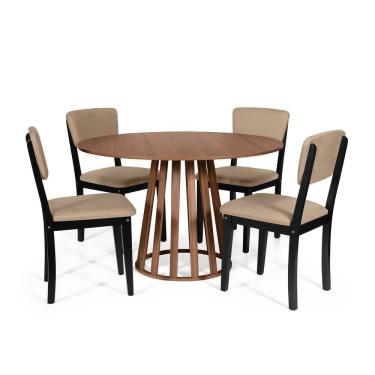 Imagem de Mesa De Jantar Redonda Gabi Noronha Com 4 Cadeiras Estofadas Ella Preto/marrom Claro