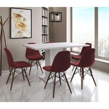 Imagem de Mesa Jantar Londres Retangular Branca 137X90 6 Cadeiras Estofadas Vermelho Madeira